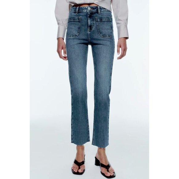 NWT Zara medium blue wash high rise flare leg ankle stretch denim jeans, 12 - Picture 7 of 14